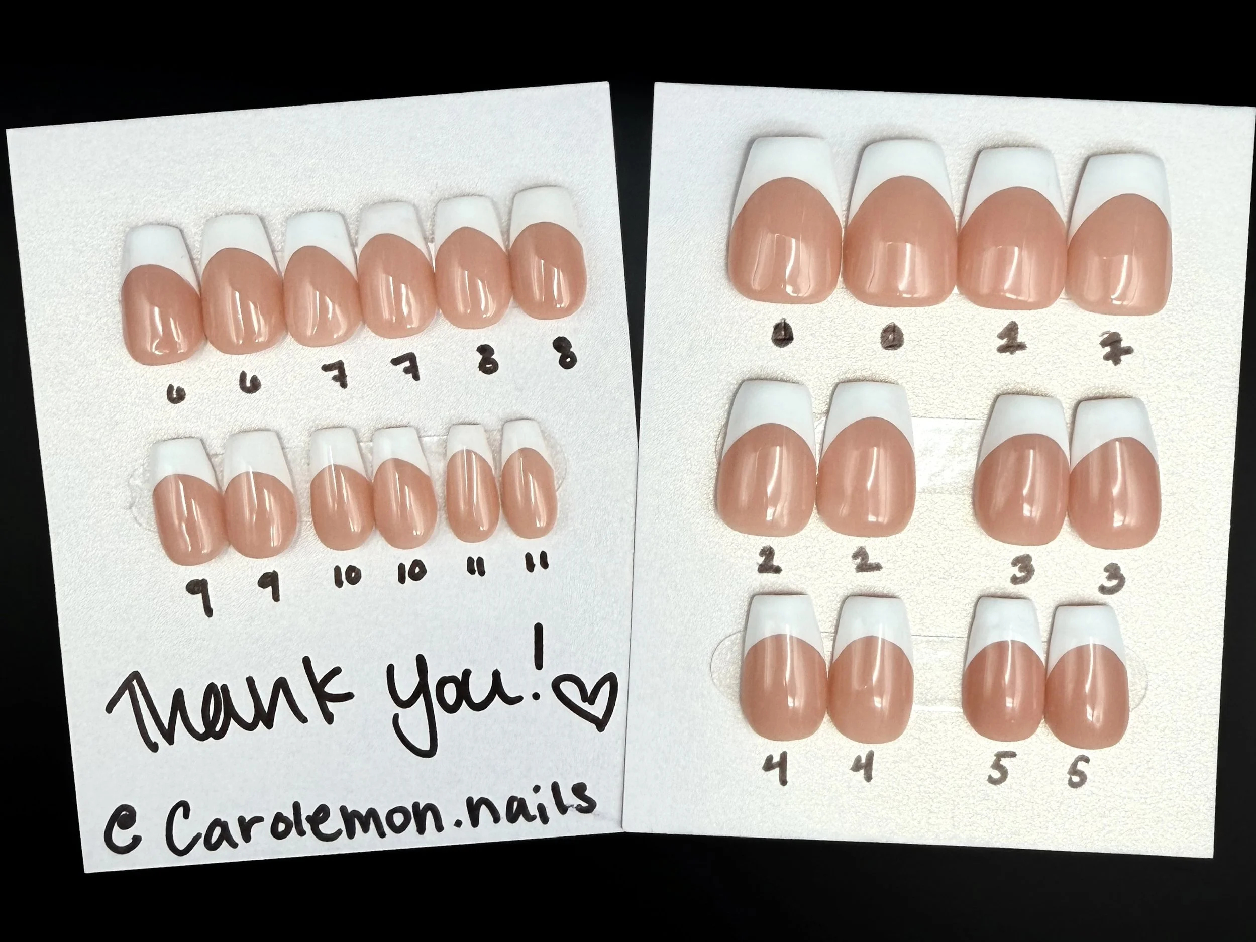 Two samples of nail art swatches with different shades and markings, placed on white boards, with handwritten notes and a thank you message, including a and Instagram handle.