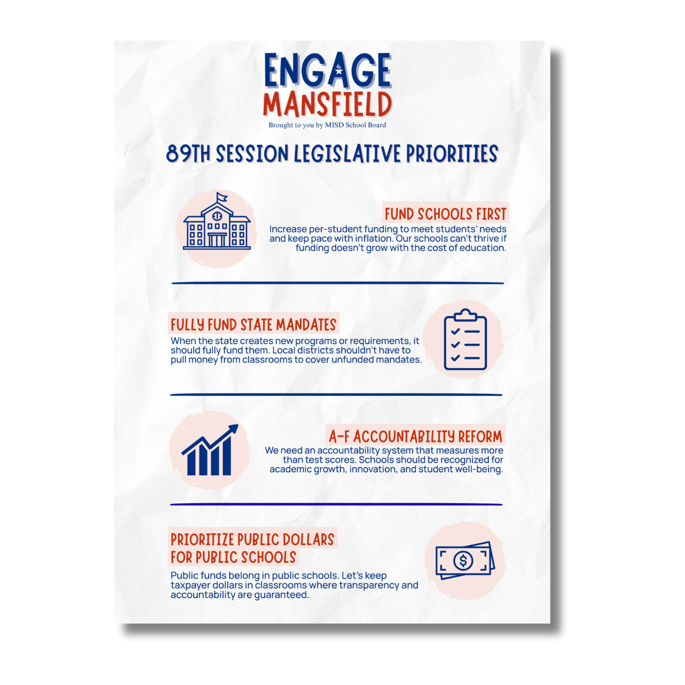 Mansfield ISD legislative priorities 89th legislature for public schools and legislative priorities with Engage Mansfield ISD by Mansfield ISD