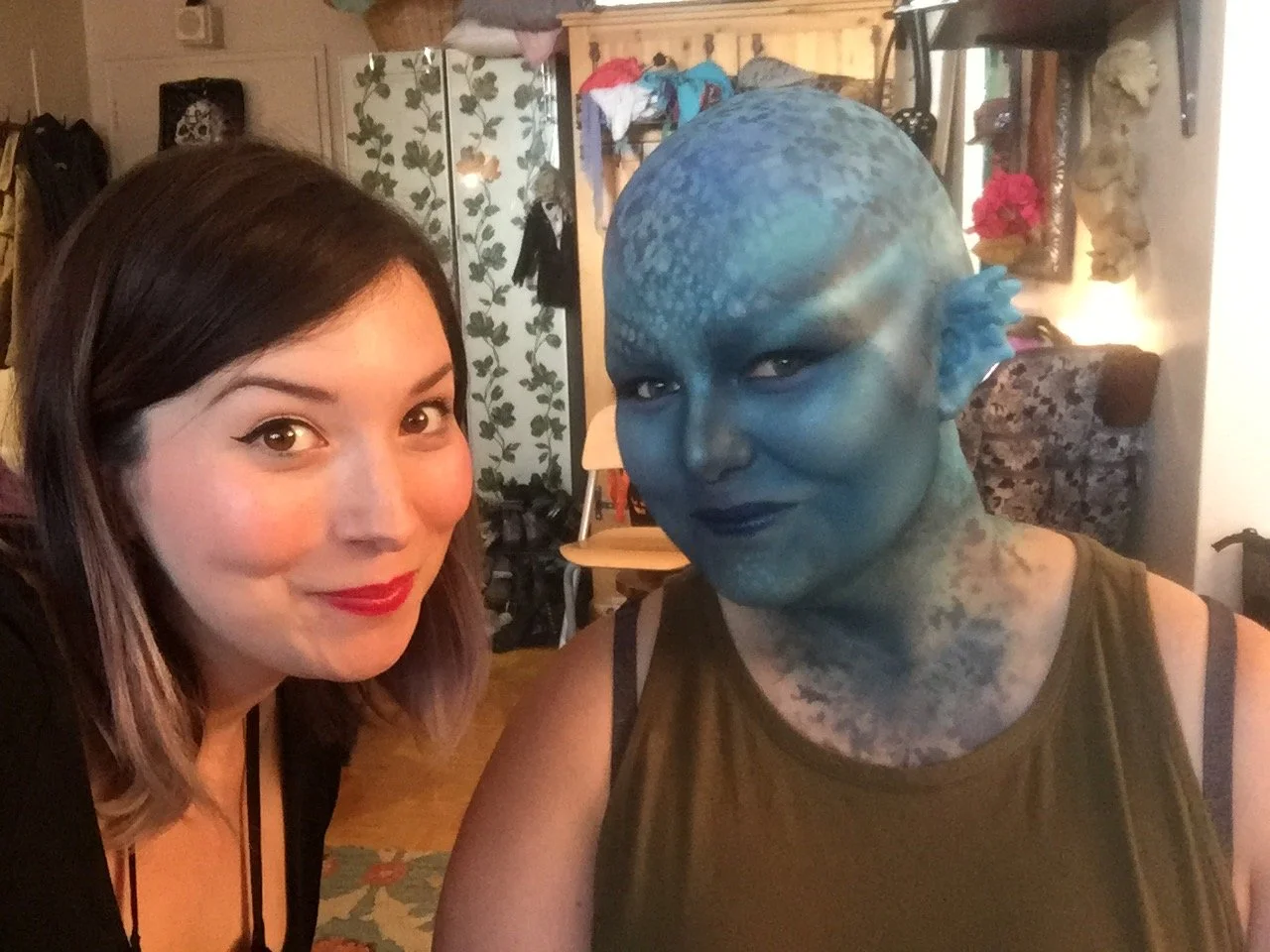 Bald cap, prosthetic ears, body painting