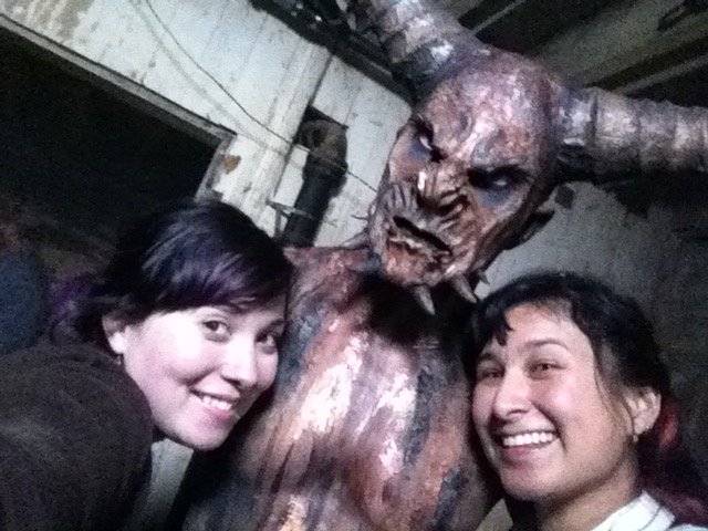 Monster work behind the scenes on the TV show PARANORMAL WITNESS 
Left to right : Monik (assistant), demon monster, Andrea Brown (head of department)