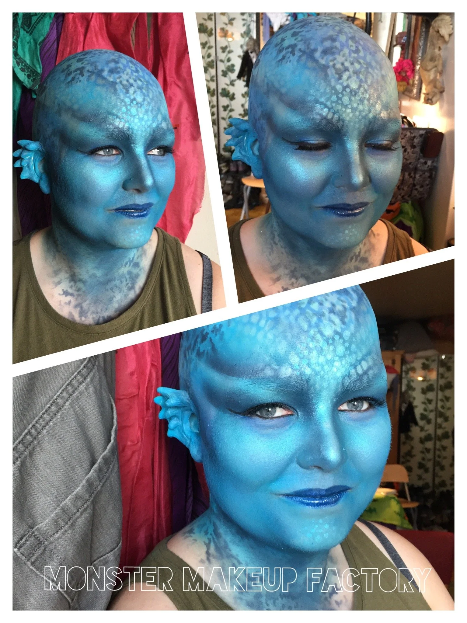 Bald cap, prosthetic ears, body painting