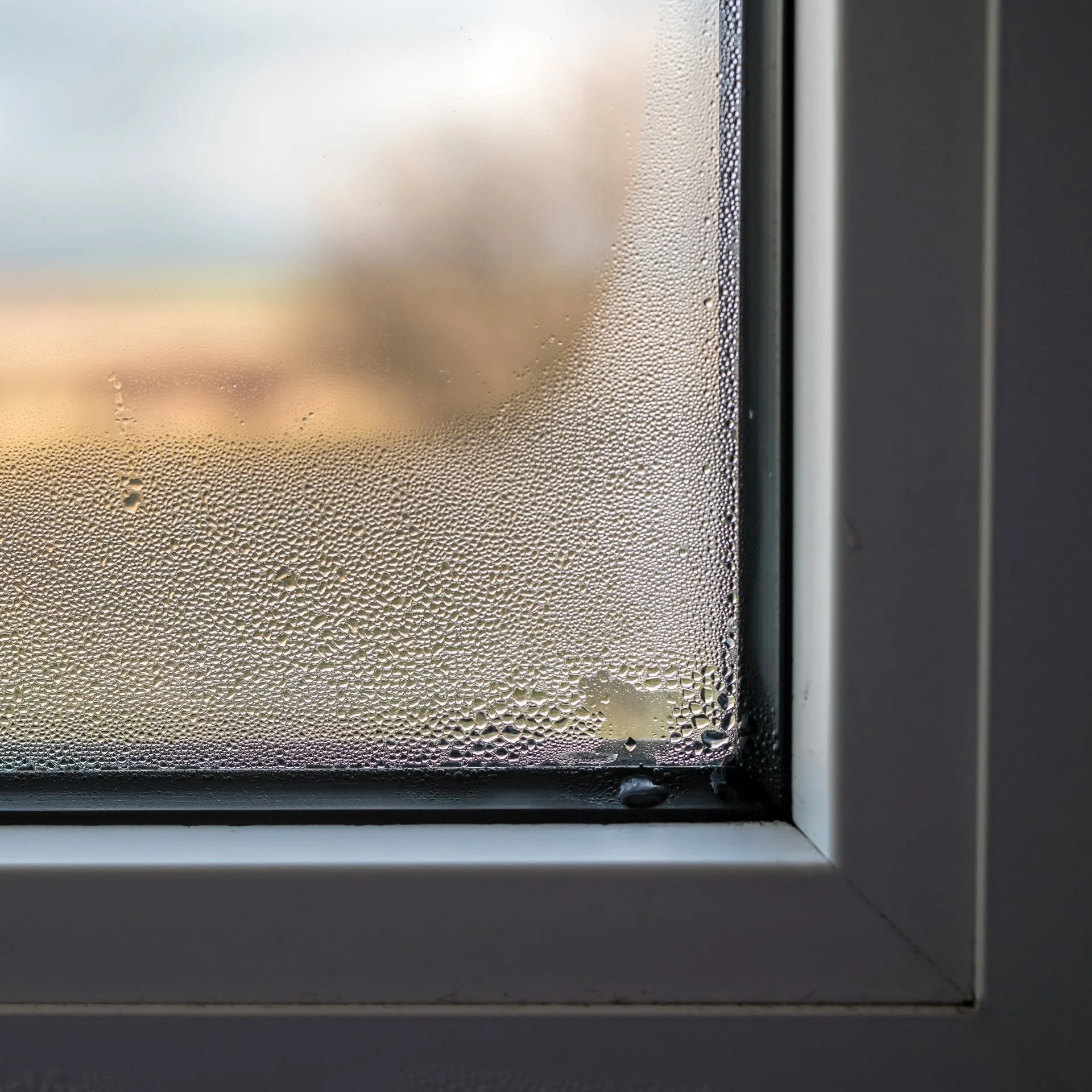 Close-up of a window with condensation on the glass, showing water droplets on the surface and a blurred outdoor scene in the background.
