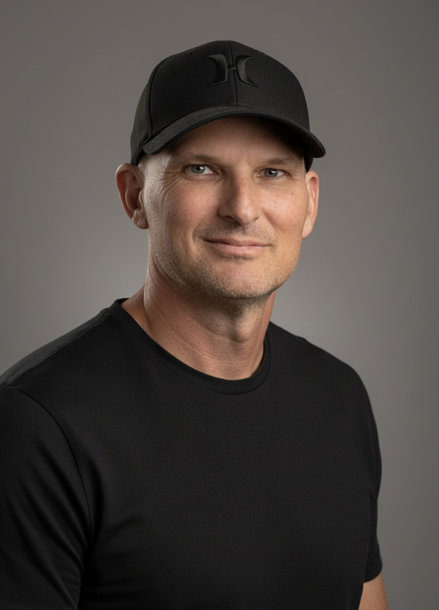 A man wearing a black cap and black T-shirt posing against a gray background.