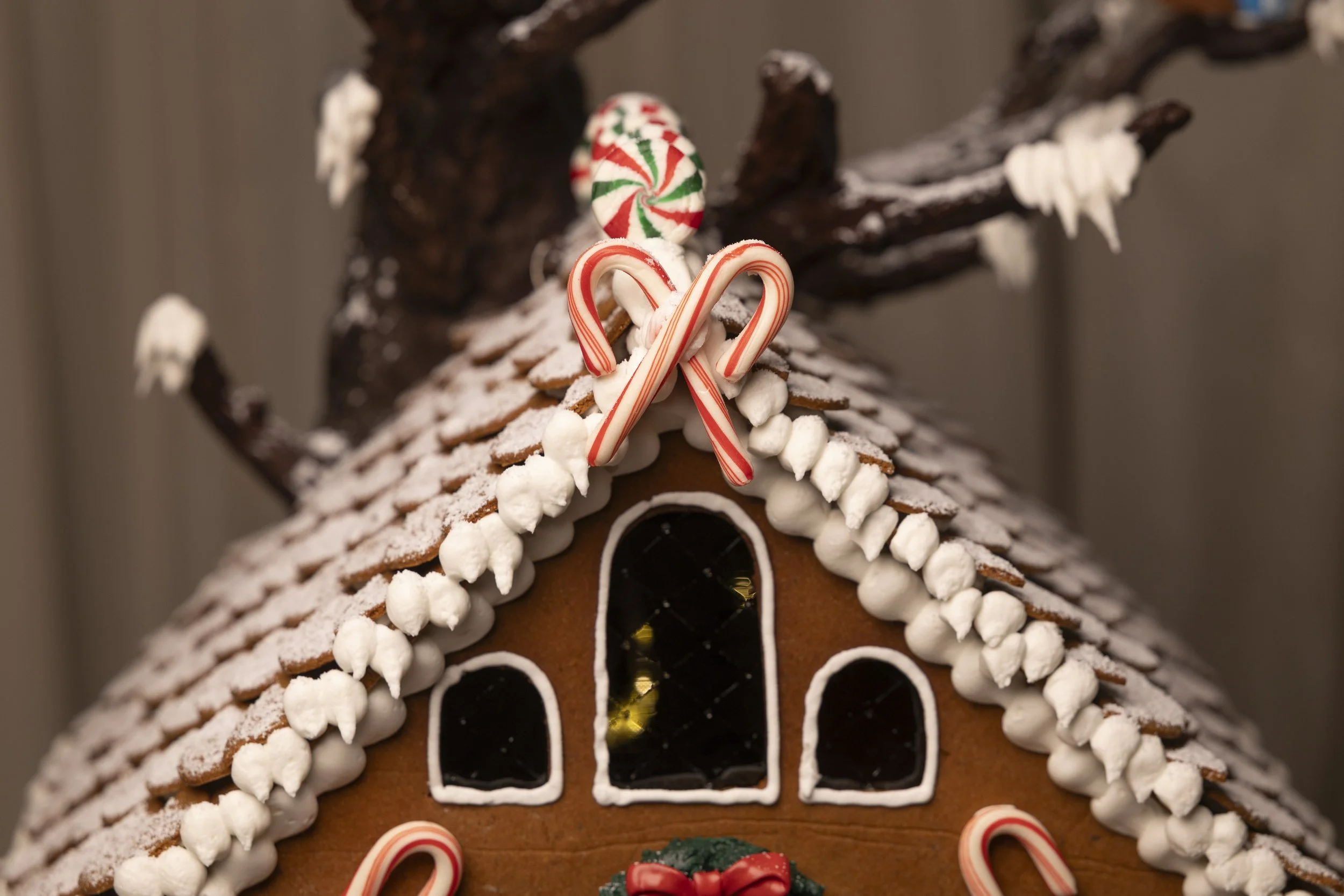 Close-up of a gingerbread house decorated with peppermint candies, white icing, and a snowy roof, with a tree branch in the background.