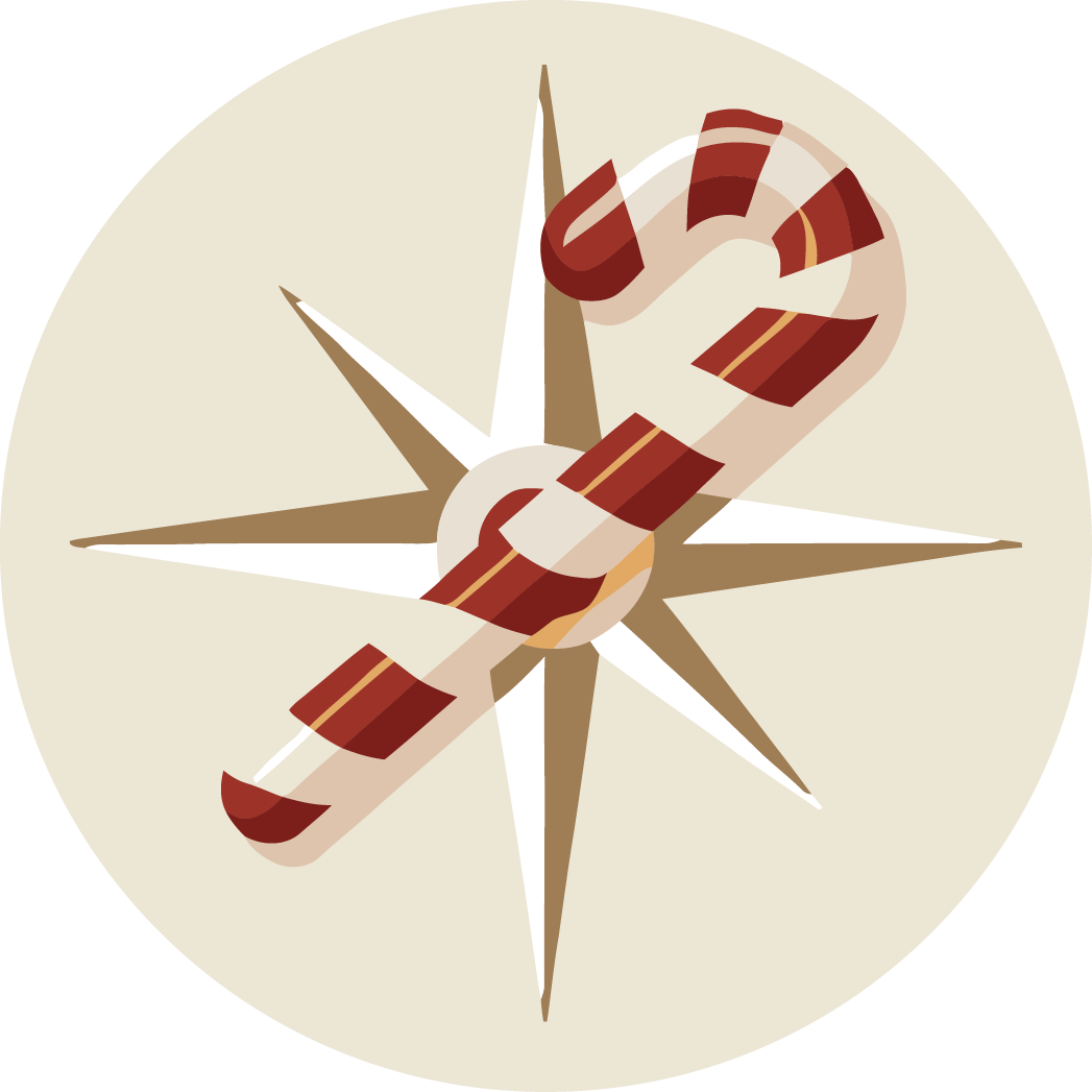 A compass rose with a candy cane wrapped around its center.