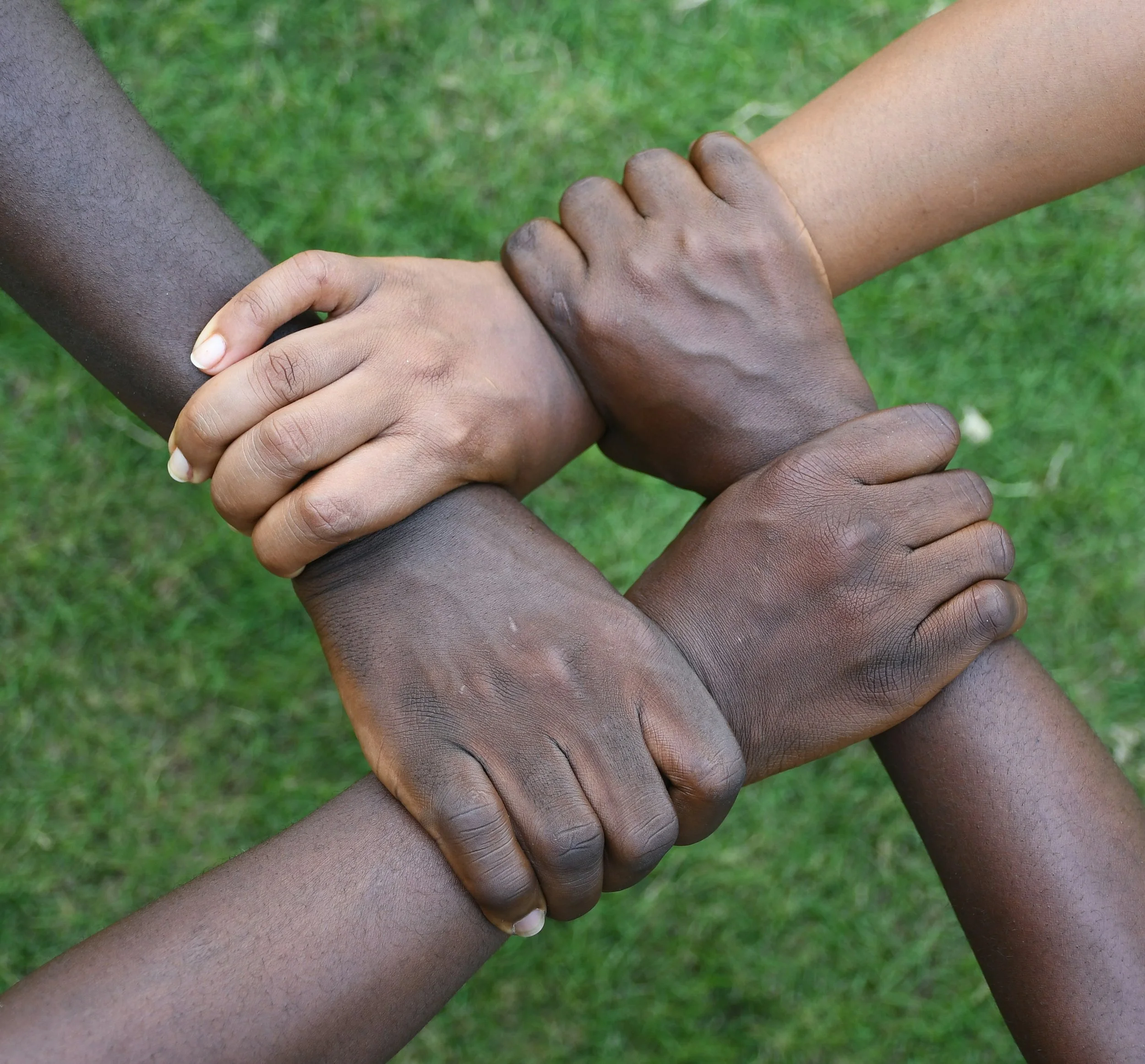 Four hands of different skin tones interlocked in a circular formation against a green grass background.