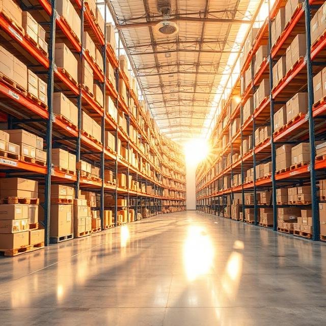 Prateleiras de um depósito com caixas de papelão, iluminadas pelo sol nascente que entra por uma abertura na parte final do corredor.