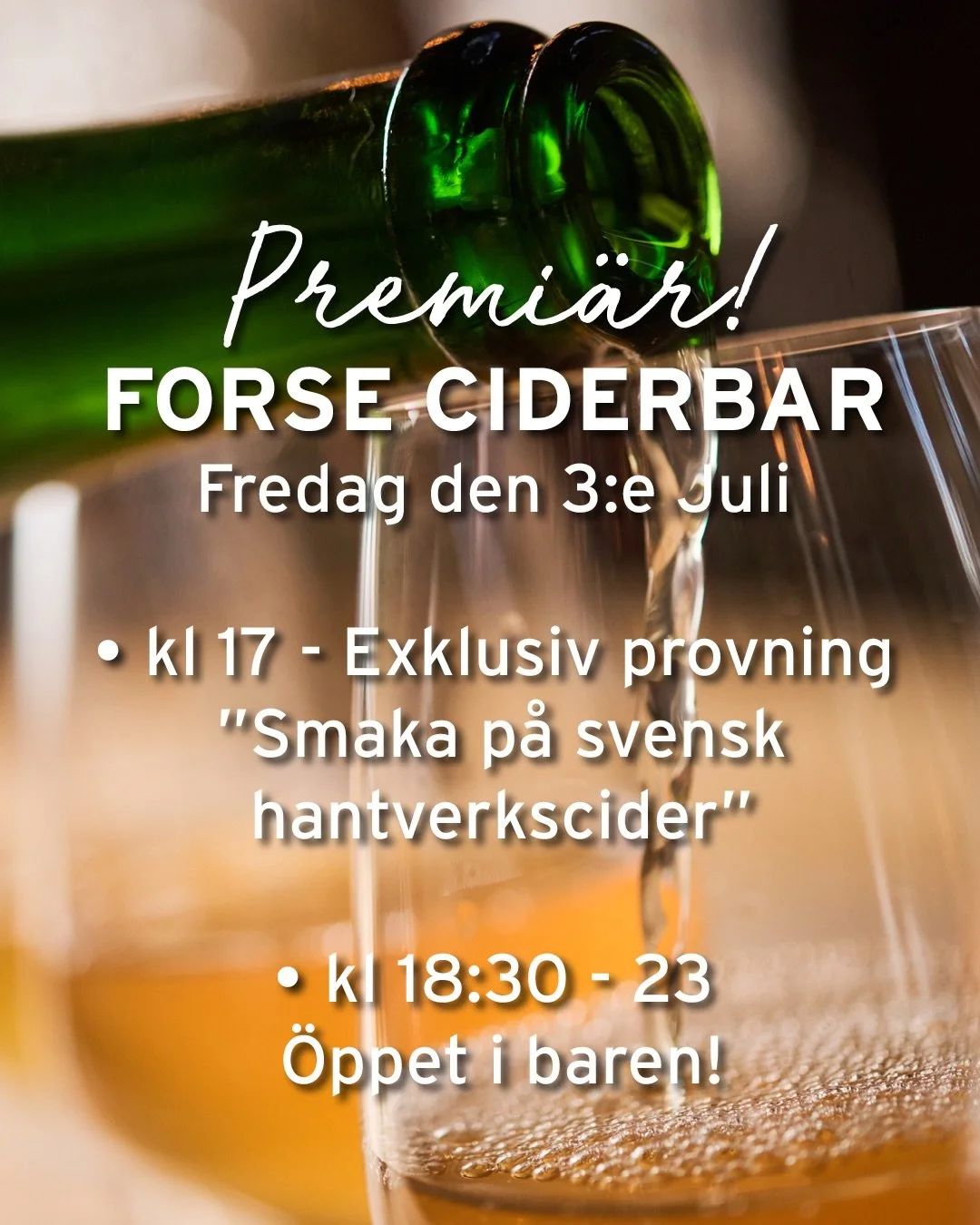 Unik premi&auml;r p&aring; &Ouml;sterlen - Forse Ciderbar &ouml;ppnar p&aring; fredag den 3 juli kl 18:30!
Nu sl&aring;r vi upp portarna till &Ouml;sterlens allra f&ouml;rsta ciderbar!
&nbsp;
&Ouml;sterlen &auml;r hela Sveriges stolta &Auml;ppelrike.