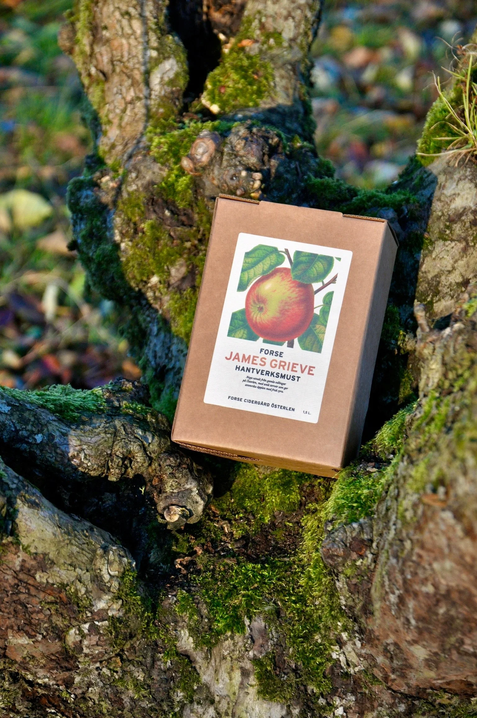 En ekologisk äppelmos förpackning placerad på ett träd med grön mossa.