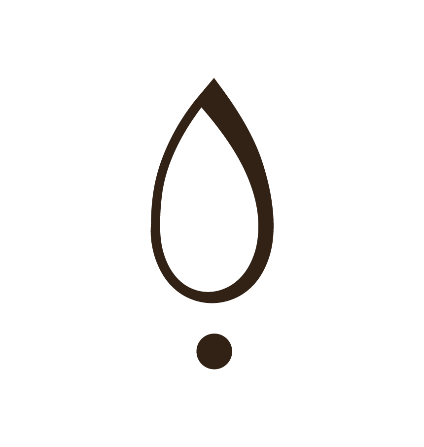 Simple black and brown outlined icon of a droplet with a small circle beneath it.