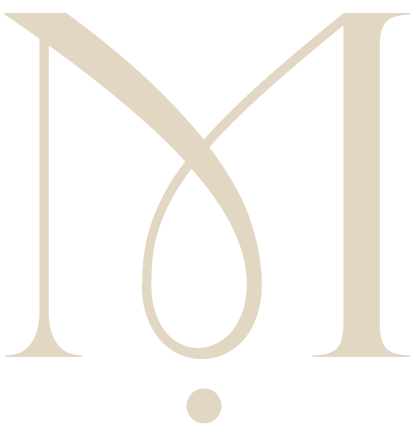 Stylized letter M in beige on black background