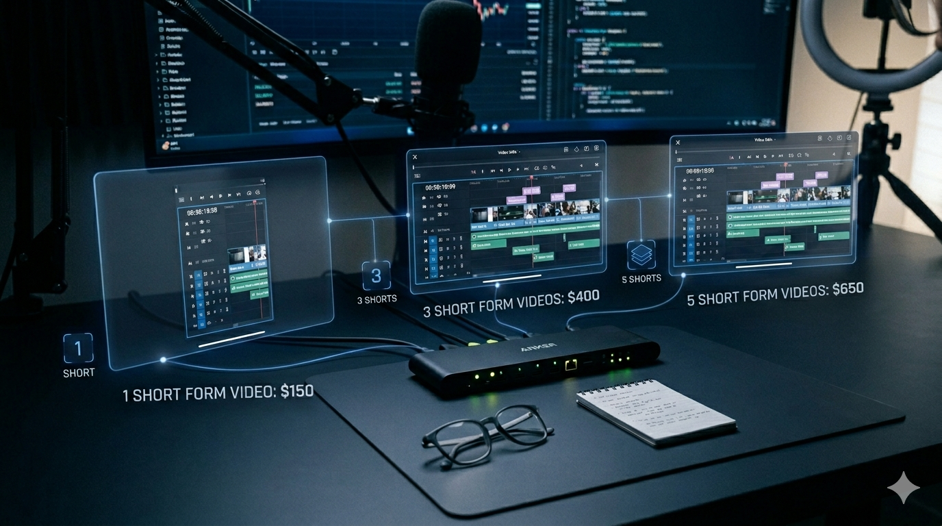Computer desk with video editing software interfaces on multiple screens, a microphone, glasses, a notepad, and a black device with green lights.