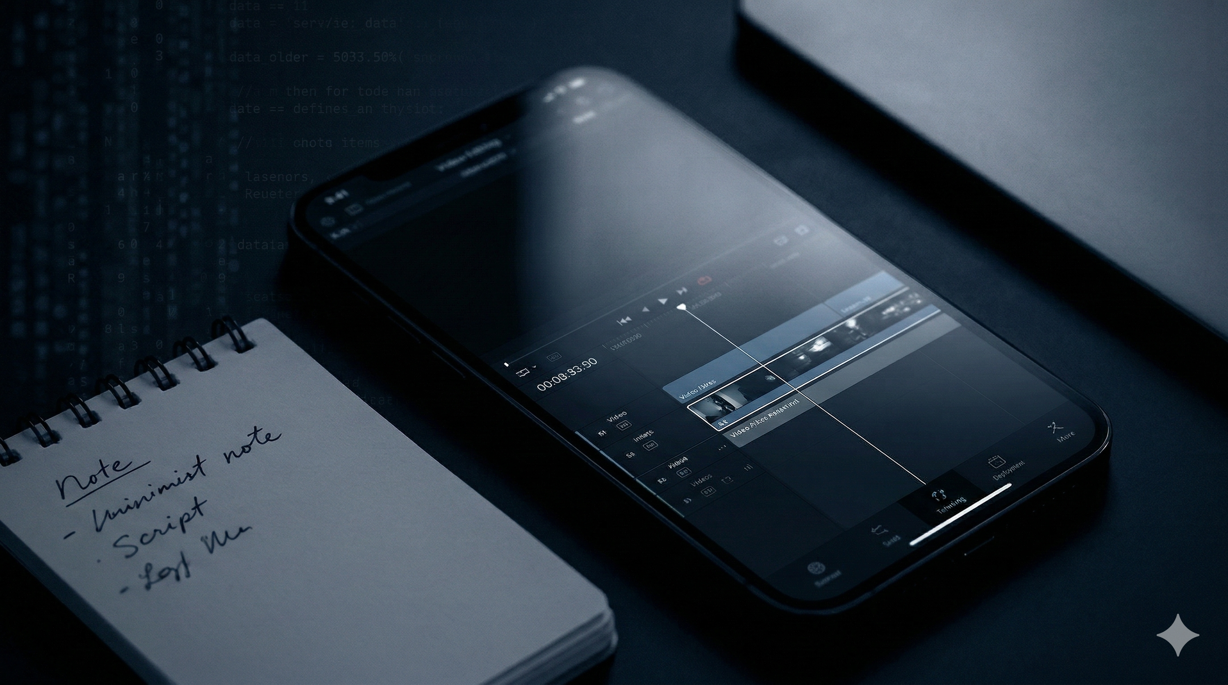 A smartphone displaying video editing software, a white notepad with handwritten notes, and a closed laptop on a dark surface.
