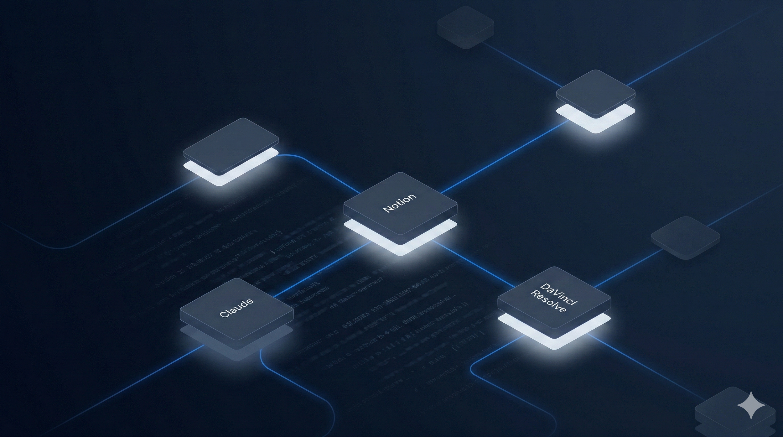 Digital diagram with interconnected nodes labeled 'Claude,' 'Notion,' and 'DaVinci Resolve' on a dark background.