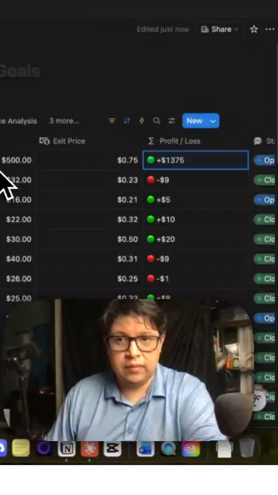 Screenshot of a computer screen displaying a financial trading platform with profit/loss data, and a person with glasses working on the computer.