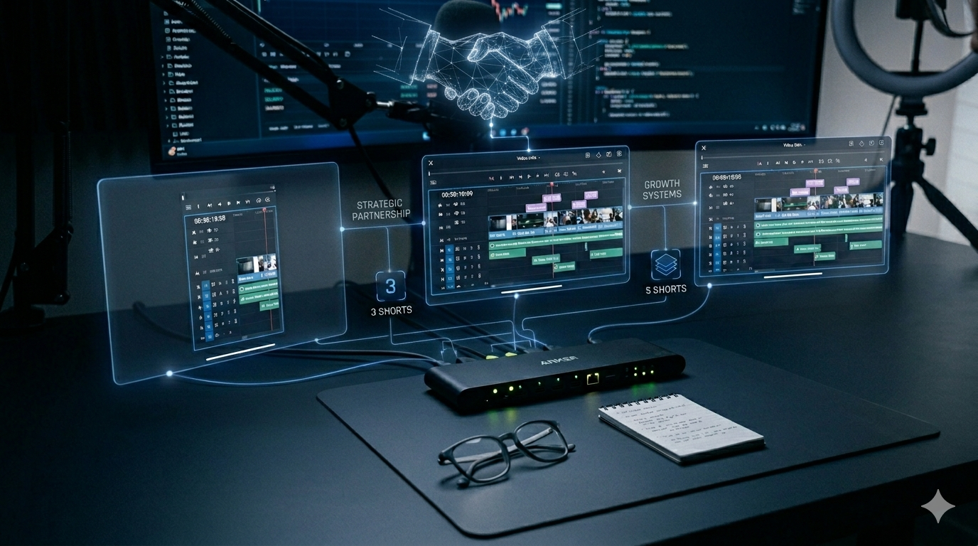 A desk with a computer setup showing video editing software and virtual overlays of charts and graphs, with a holographic handshake above.