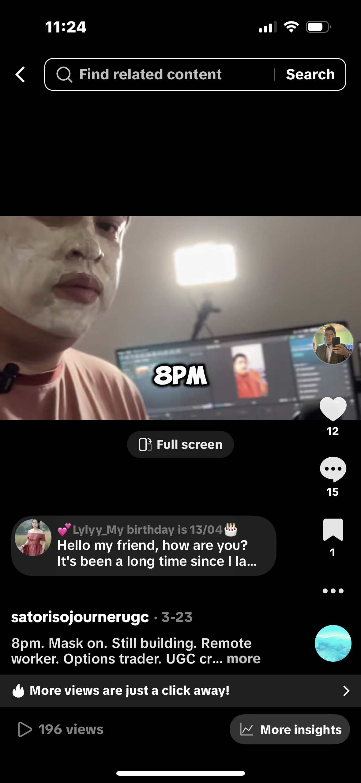 A person wearing a face mask, sitting in front of a computer monitor with a video editing program open. The monitor displays multiple windows and a photo of a woman in red. There is a bright light source behind the person. Text on the image reads '8PM'.