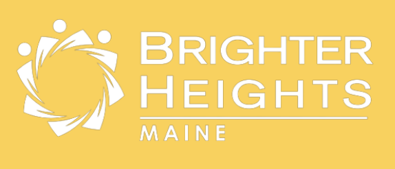 Brighter Heights Maine logo with yellow background, white text, and abstract swirl design.