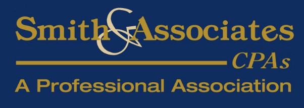 Smith & Associates CPA logo with blue background, gold text, and a gold line underneath.