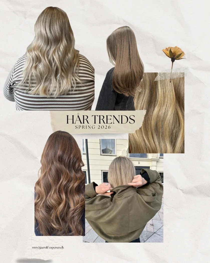 vores bud p&aring; h&aring;rtrends for&aring;r 2026 

&bull; mange lange etager for at skabe mere lidt og frisure - selv i langt h&aring;r 
&bull; klar m&aelig;lkehvid balayage/babylights 
&bull; chokolade brun til alle brunetterne - med varme carame