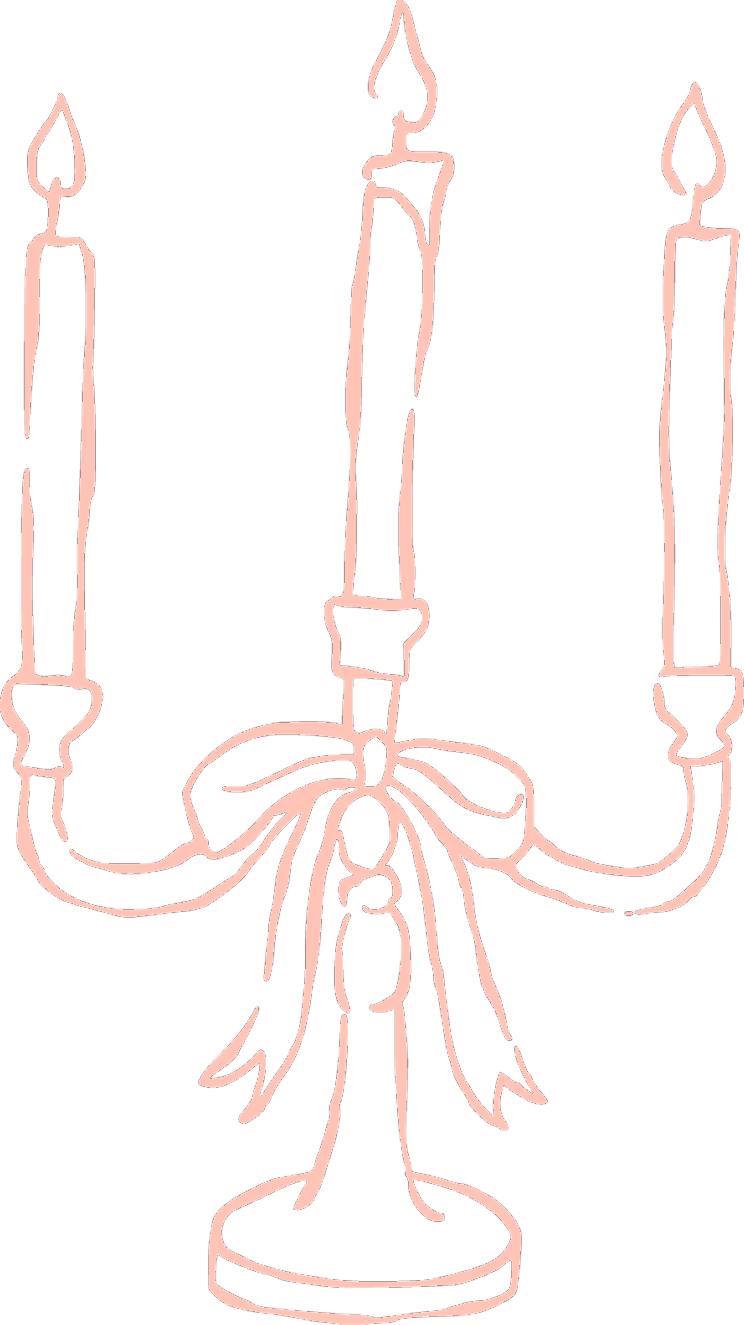 Peach colored hand-drawn icon of a three-pronged candle holder with a bow in front.
