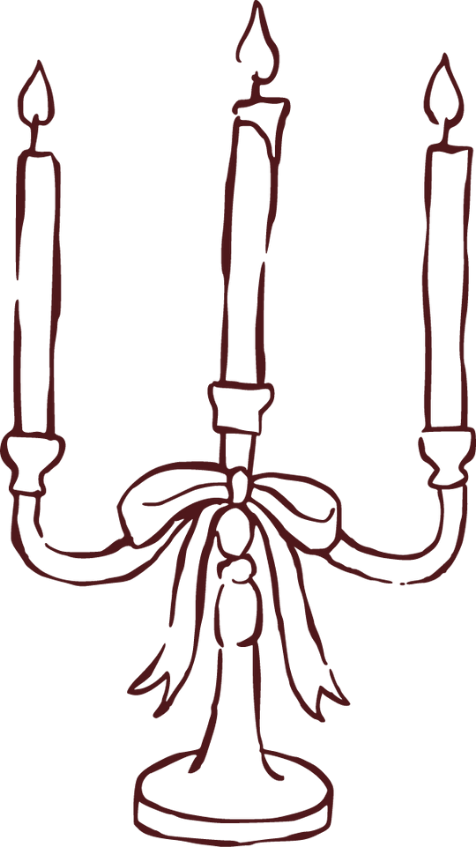Deep red hand-drawn candle icon, with a three-pronged holder and a bow on the middle candle.