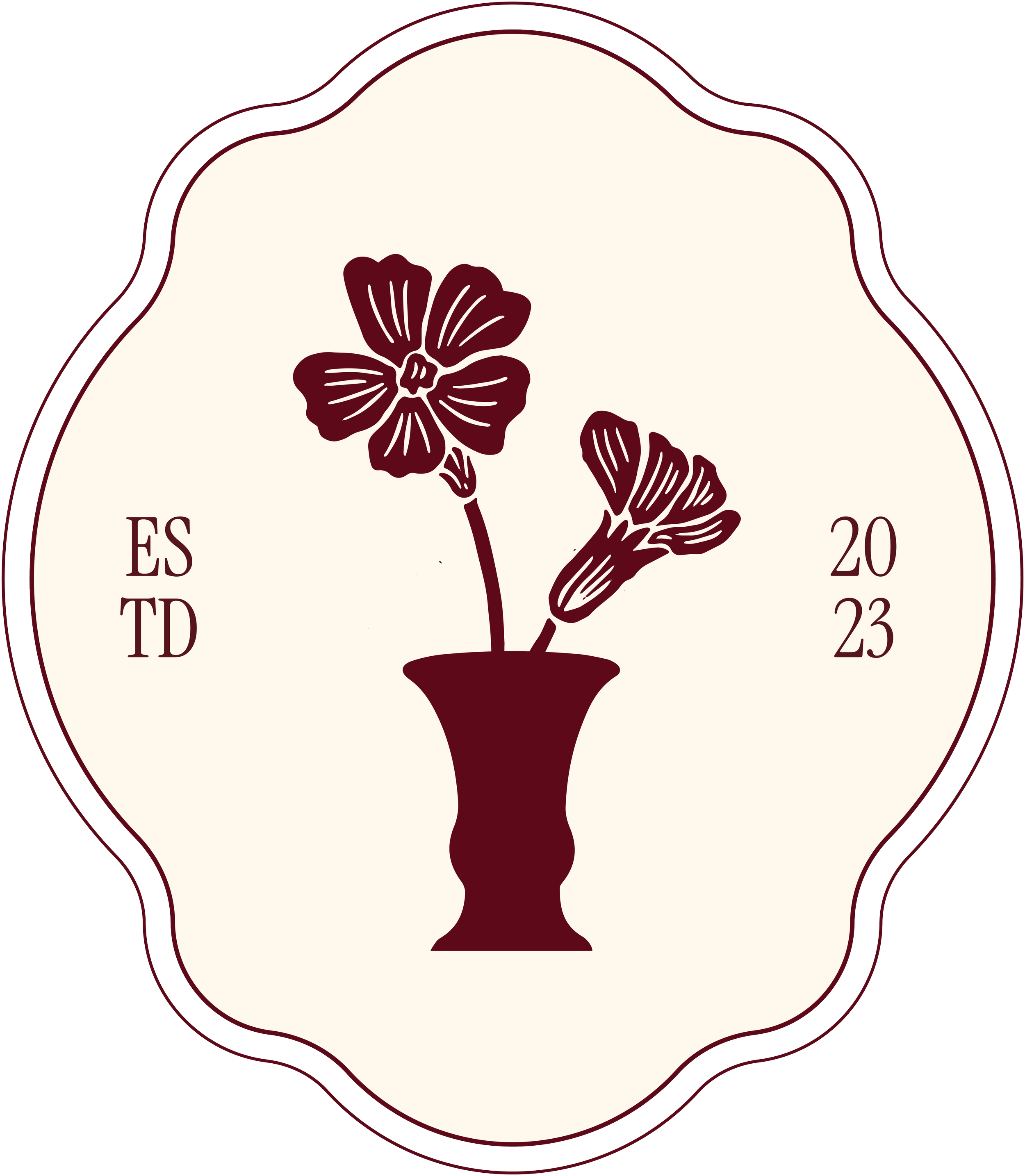 Cream and dark red badge logo for Chesapeake Socials, including an elegant badge with a vase and floral motif in the center, and ESTD. 2023 on the left and right side.