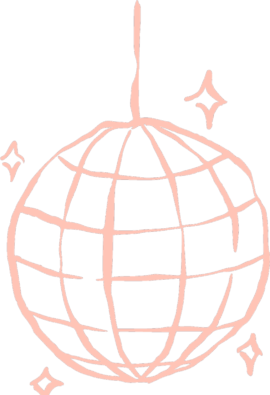 Peach colored icon of a hand-drawn disco ball with four hand-drawn sparkles.