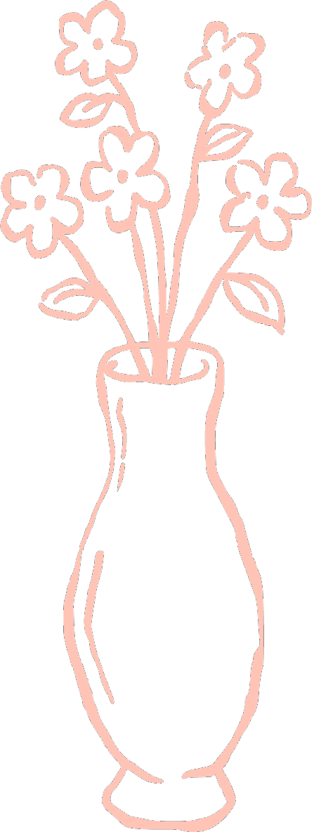 Peach/light pink hand-drawn icon of a tall vase with five simple flowers coming out of the top.