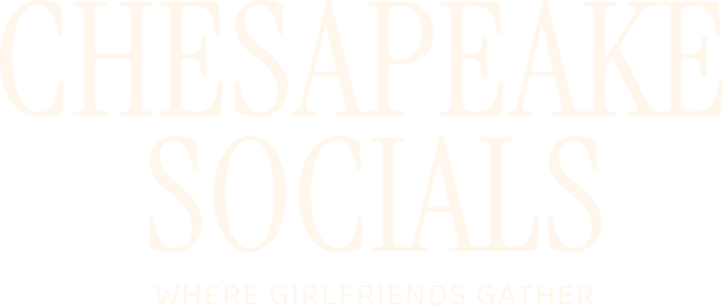 Light Cream logo for Chesapeake Socials, featuring a stacked logo with the word 'Chesapeake' on the first line 'Socials' on the second, and a subheading of 'where girlfriends gather' on the third. The logo is in the serif font Instrument Serif.
