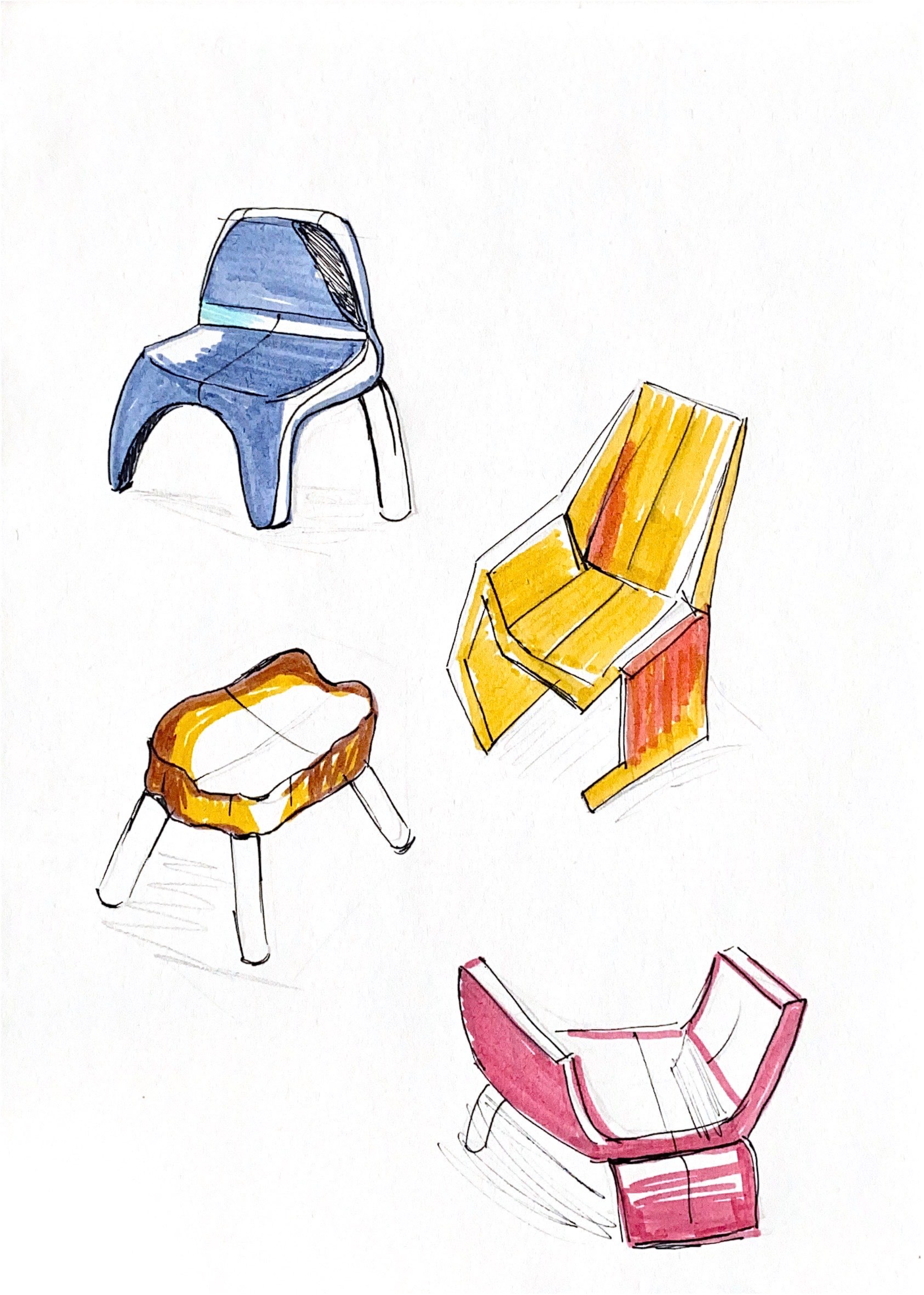 Drawing of four colorful chairs with different designs.
