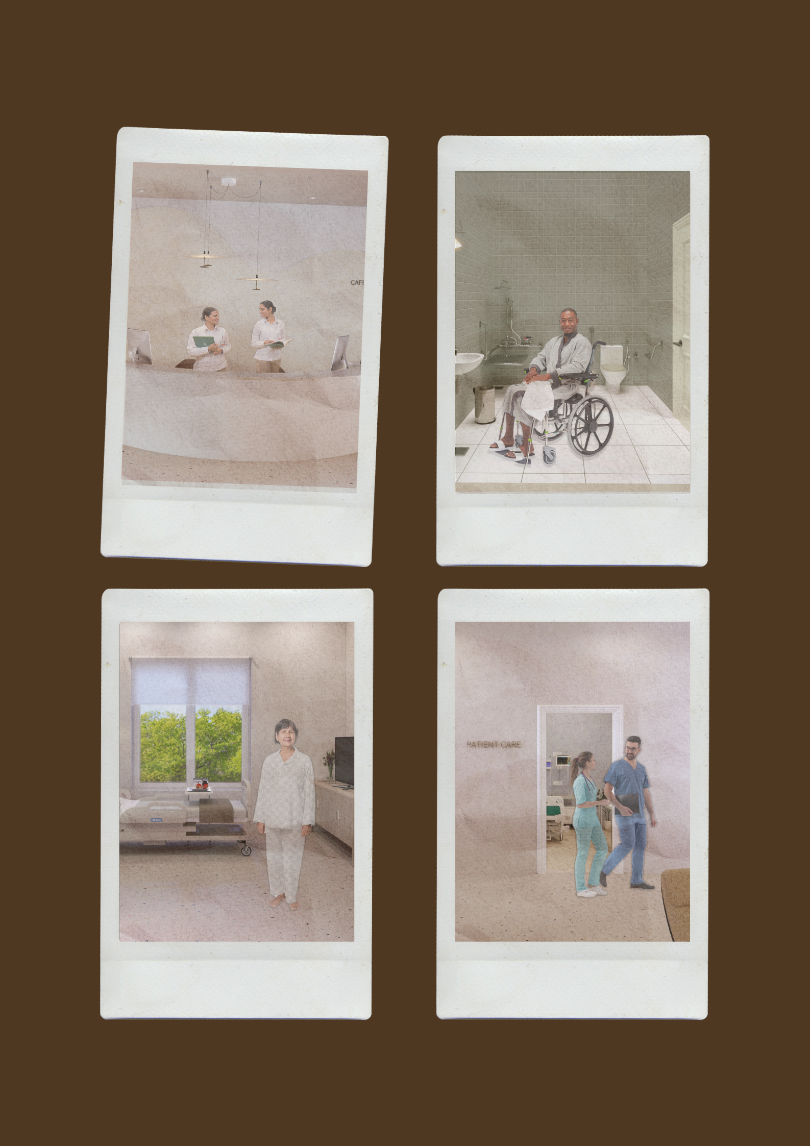 Four Polaroid-style photos depicting scenes from a healthcare or hospital setting. The top left photo shows two women at a reception desk, the top right features a man in a wheelchair in a bathroom, the bottom left displays a woman in pajamas standing in a patient room, and the bottom right shows two healthcare professionals walking through a hallway marked "Patient Care."
