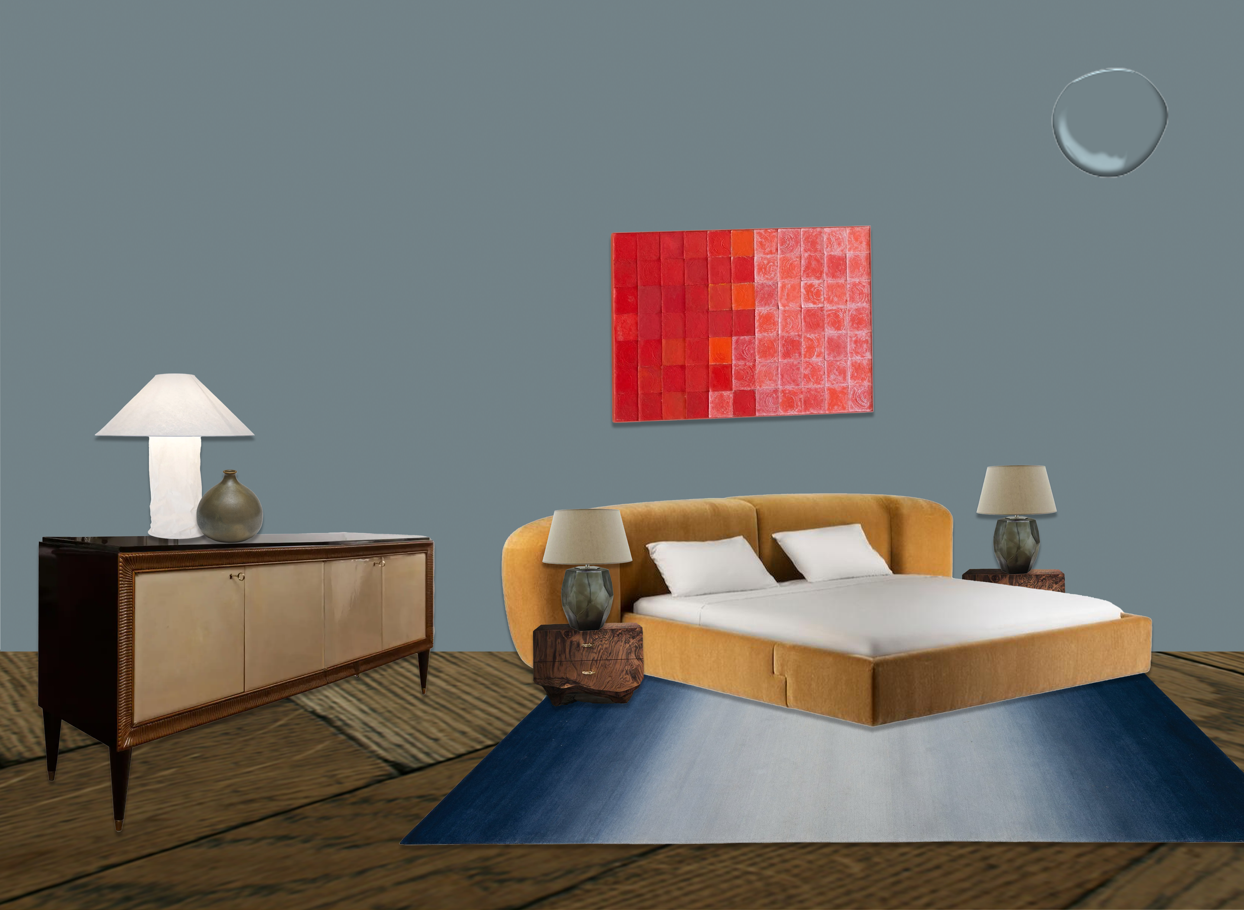 A bedroom with mustard yellow bed, white pillows, blue and white ombre rug, three bedside lamps, a wooden side table, a wooden sideboard with a white lamp and decorative vases, a red abstract painting, and a small moon visible through a wall window.