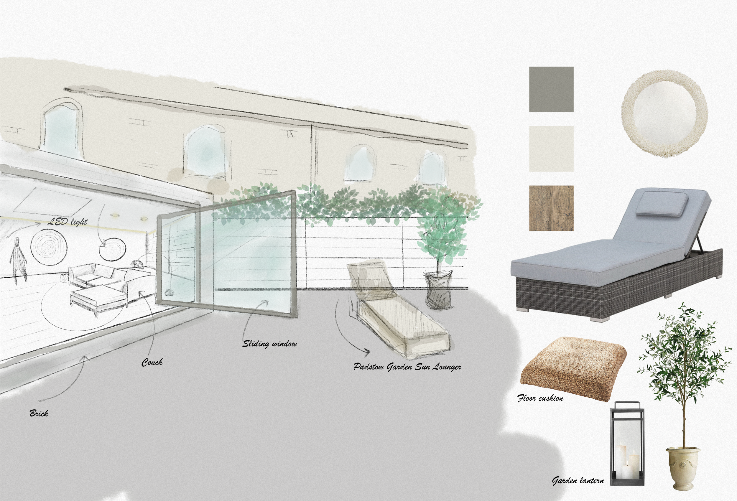 A design plan for a garden patio with labeled furniture and decor items, including a brick wall, a slide window, a sofa, a padstow garden sun lounger, a floor cushion, a garden lantern, a potted plant, and color swatches for gray, beige, and wood tones.