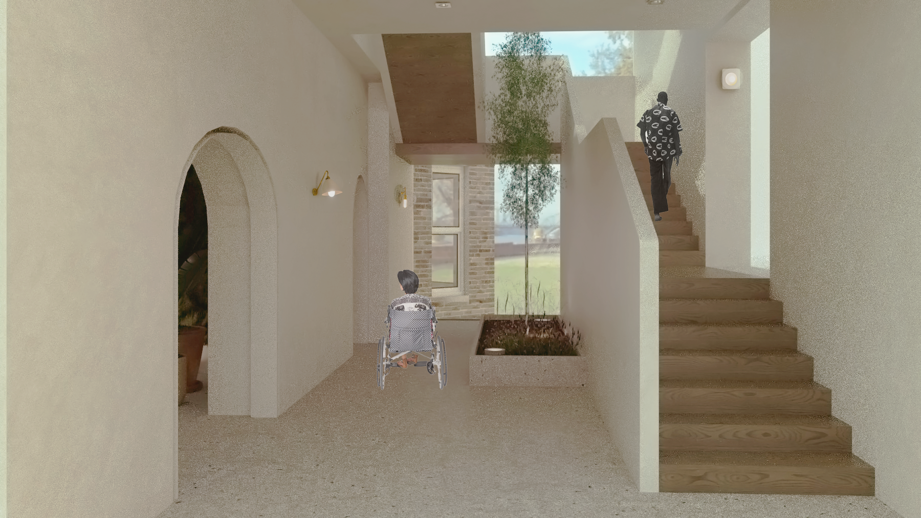 Interior view of a modern building with beige walls, wooden stairs on the right, a person in a wheelchair facing a window, and a person walking upstairs. There are large windows, a tree outside, and indoor lighting fixtures.