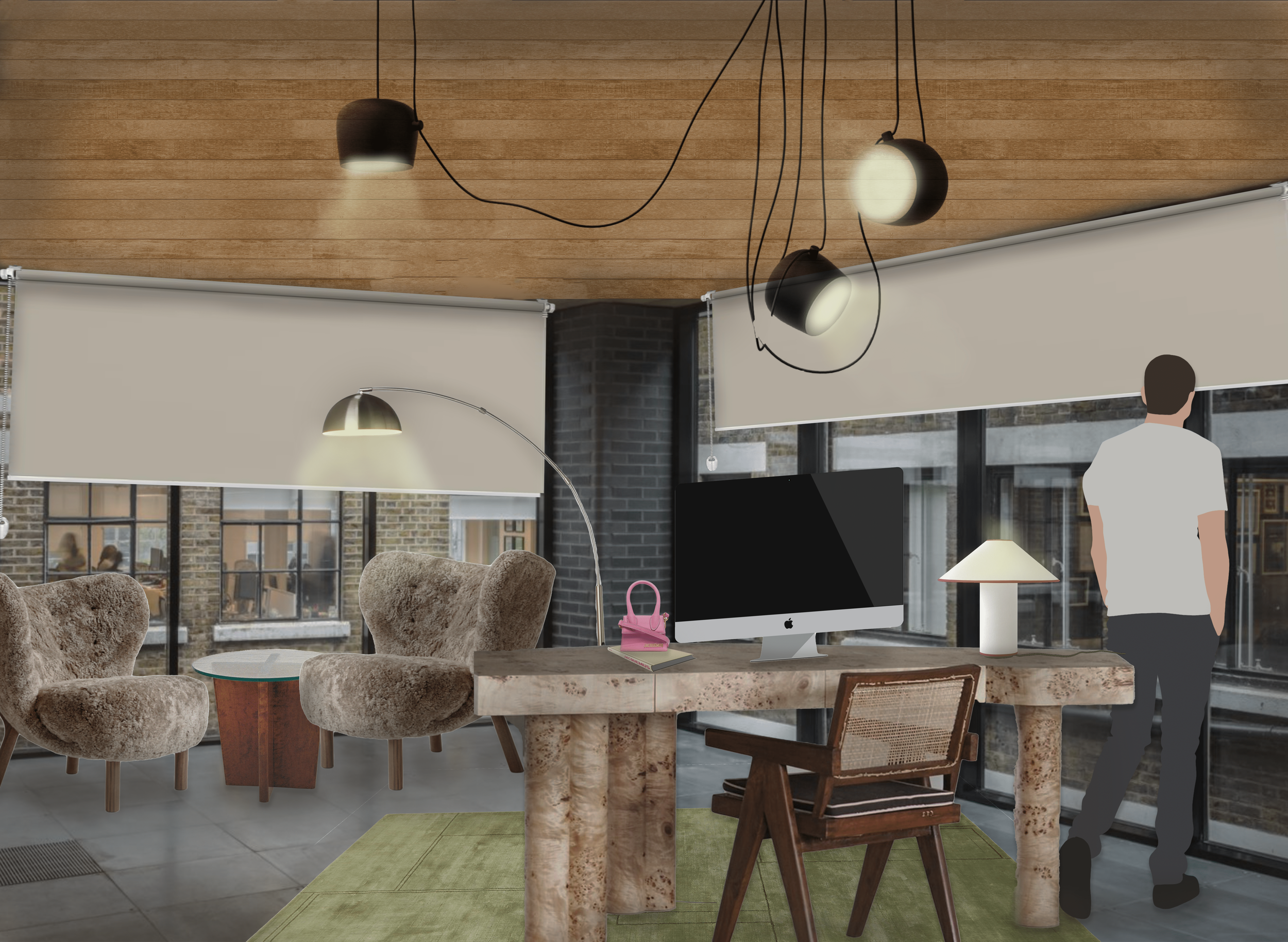 Modern living room with large windows, plush armchairs, a wooden desk with a computer, lamps, and a man standing near the window.