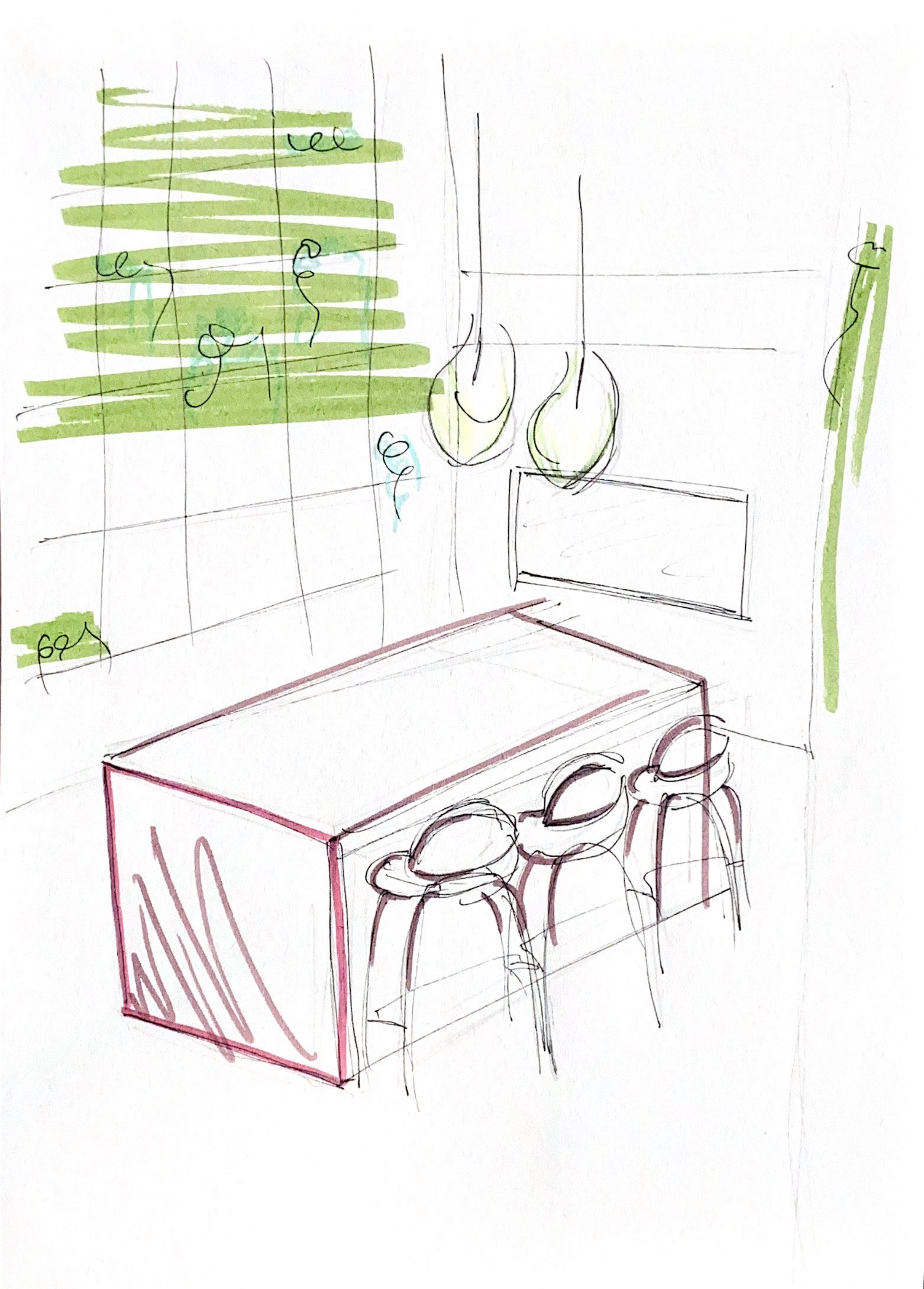 A hand-drawn sketch of a kitchen with a table, three stools, hanging teapots, a window, and a wall with green accents.