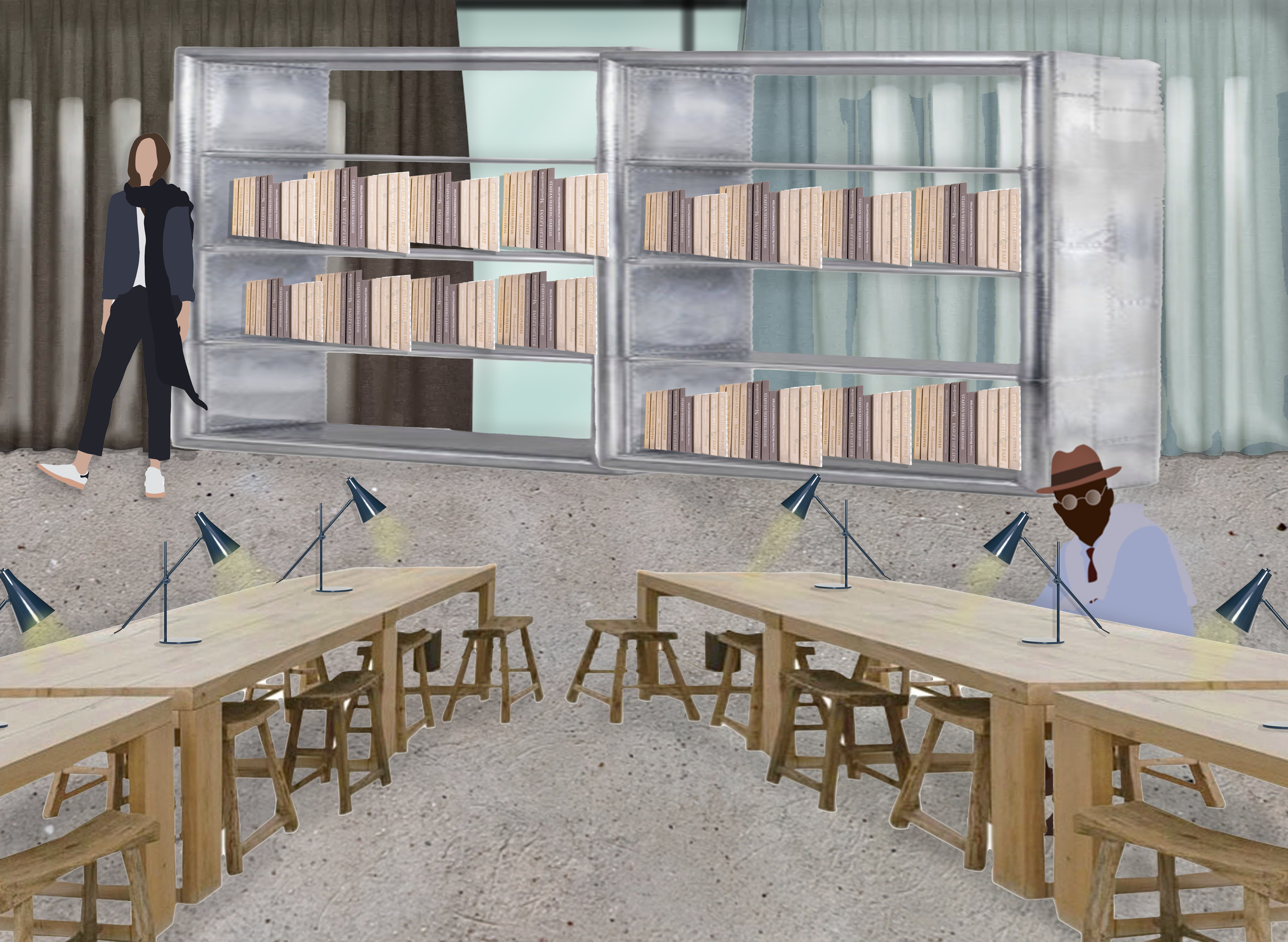 A room with wooden tables and chairs, set with desk lamps. In the background, a large metallic bookshelf with multiple shelves filled with books, and floor-to-ceiling curtains on either side.