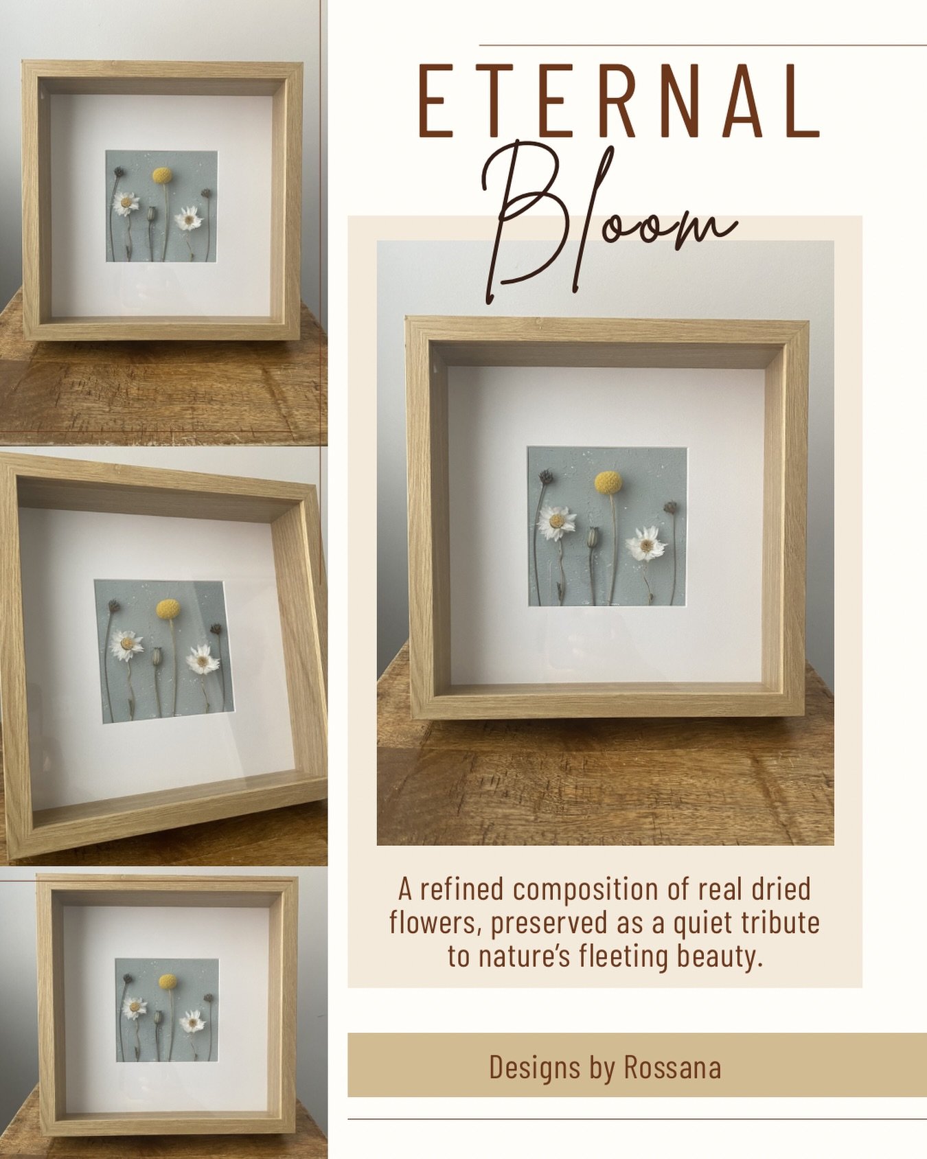 🌿 A quiet celebration of nature.

This minimalist shadow box frame holds real dried flowers, thoughtfully preserved to honor their natural form and delicate beauty.

Soft textures. Neutral tones. Timeless simplicity.

A piece designed to bring calm,