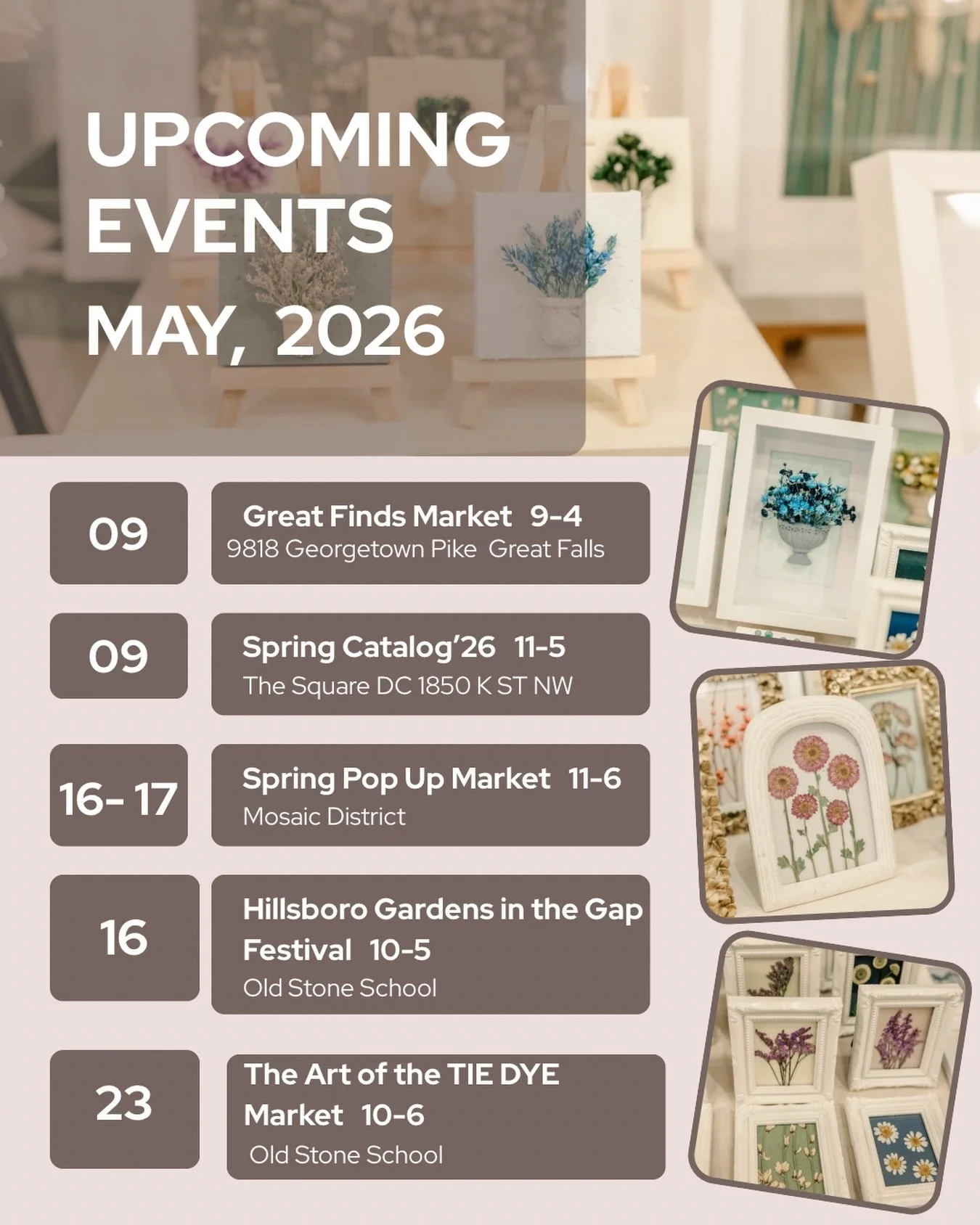 May, in full bloom ✨

This month, I&rsquo;ll be sharing a curated collection of floral compositions, framed pieces, and nature-inspired works. Each one thoughtfully created to capture quiet, lasting beauty 🌸💖

🌸 May 8 &amp; 9
Great Finds Market
9: