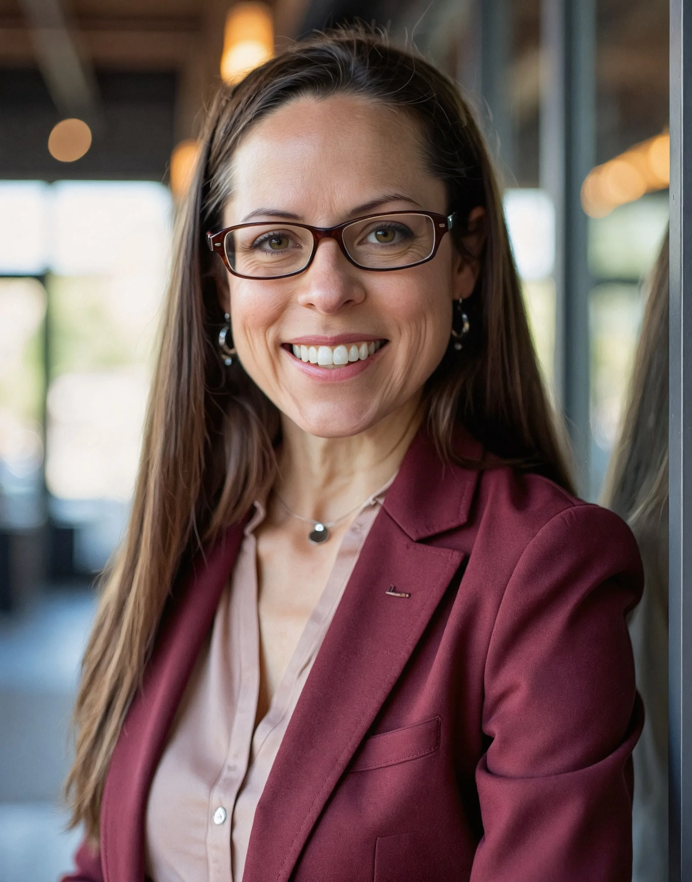 A smiling woman with long brown hair, glasses, and earrings, wearing a burgundy blazer and a light pink blouse, standing indoors with a blurred background.