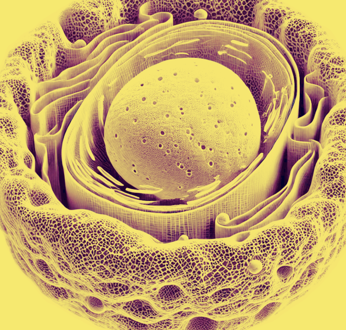 A highly magnified view of a cell, showing its nucleus and surrounding structures in yellow and purple hues.