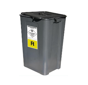 Contenitore grigio per rifiuti con chiusura a coperchio e etichette di avvertimento