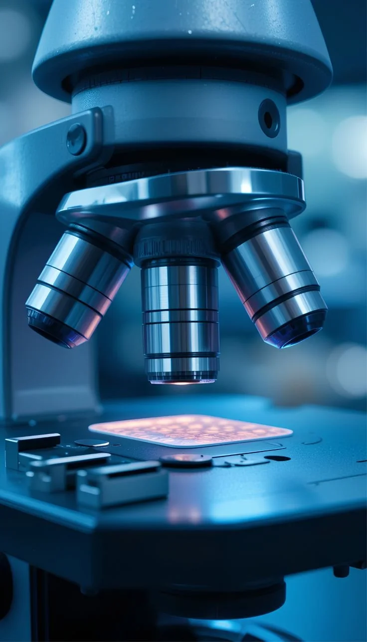 Microscopio con campione osservato su piattaforma luminosa