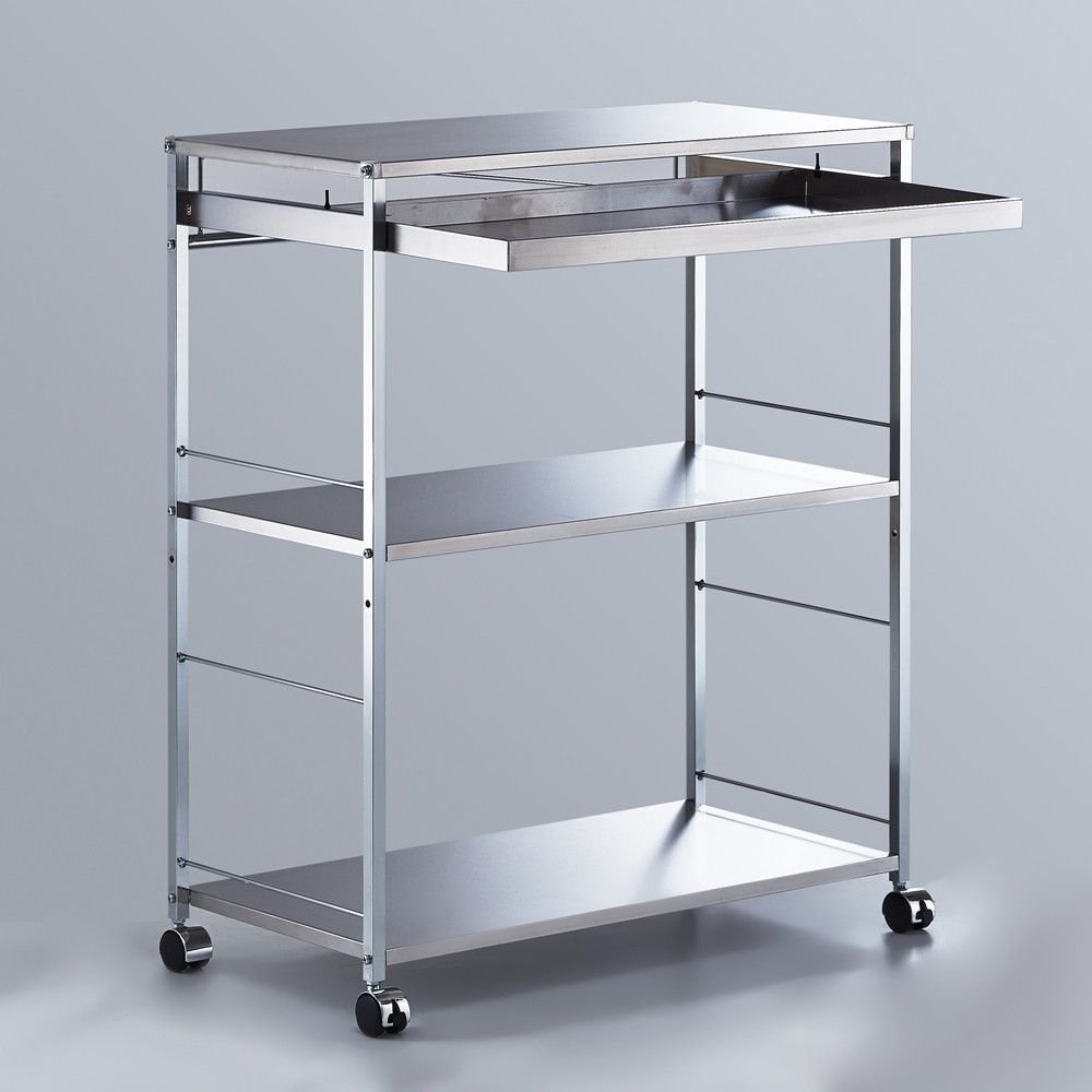 Carrello in acciaio con ripiani, dotato di ruote, per uso da cucina o laboratorio