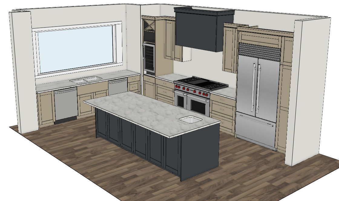 A modern kitchen with light wood cabinets, stainless steel appliances, a large center island with a dark base, and a hardwood floor.