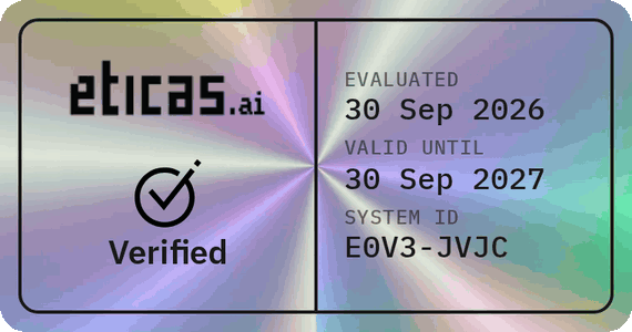 A digital verification badge from Eticas.ai showing verification status, evaluation date of September 30, 2026, valid until September 30, 2027, and system ID EOV3-JVJC.