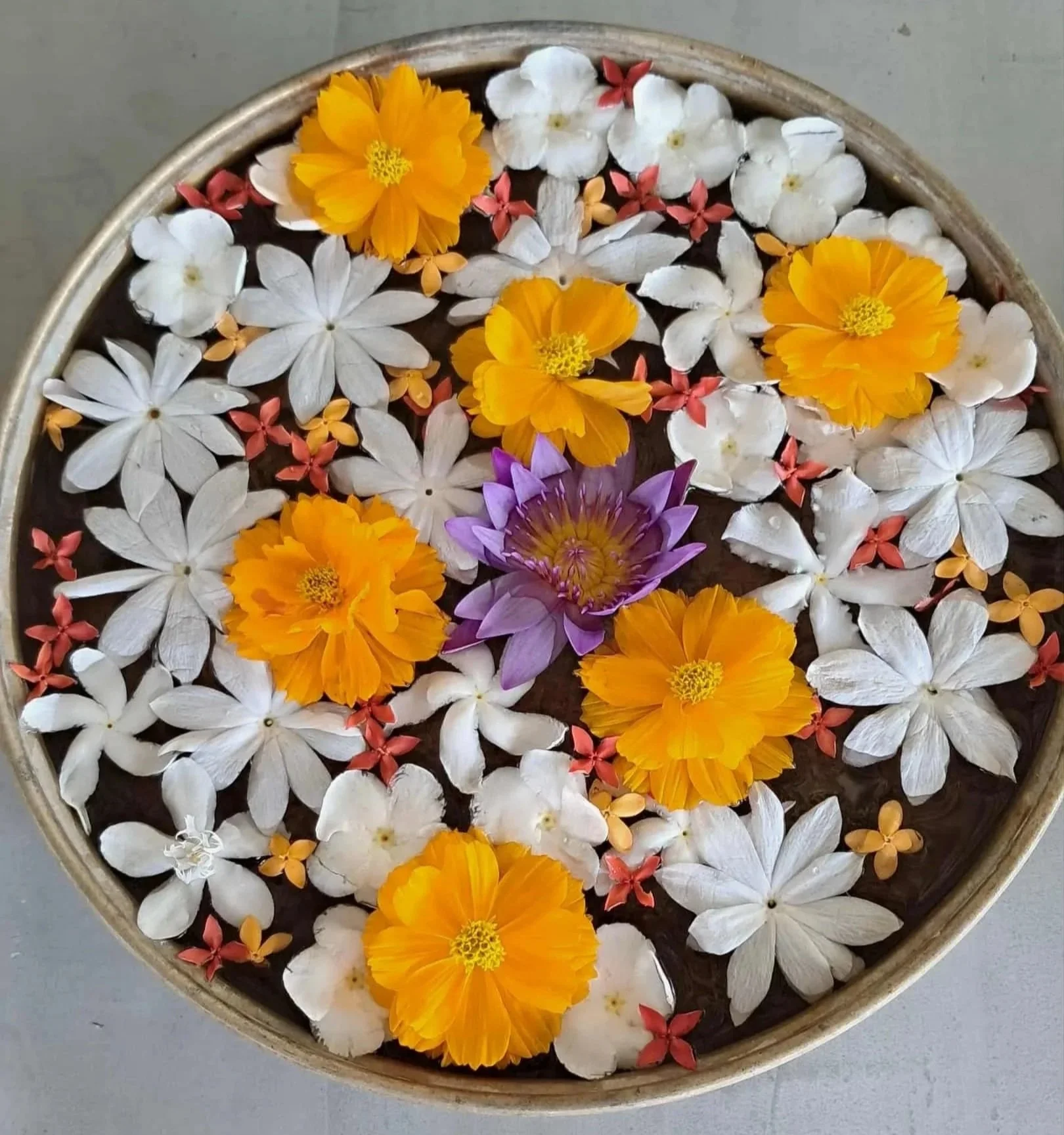 Kulatý tác s vodou a plovoucími květinami – žluté, bílé, fialové a malé růžové květy, inspirace pro ájurvédské rituály, relaxaci a wellness atmosféru.