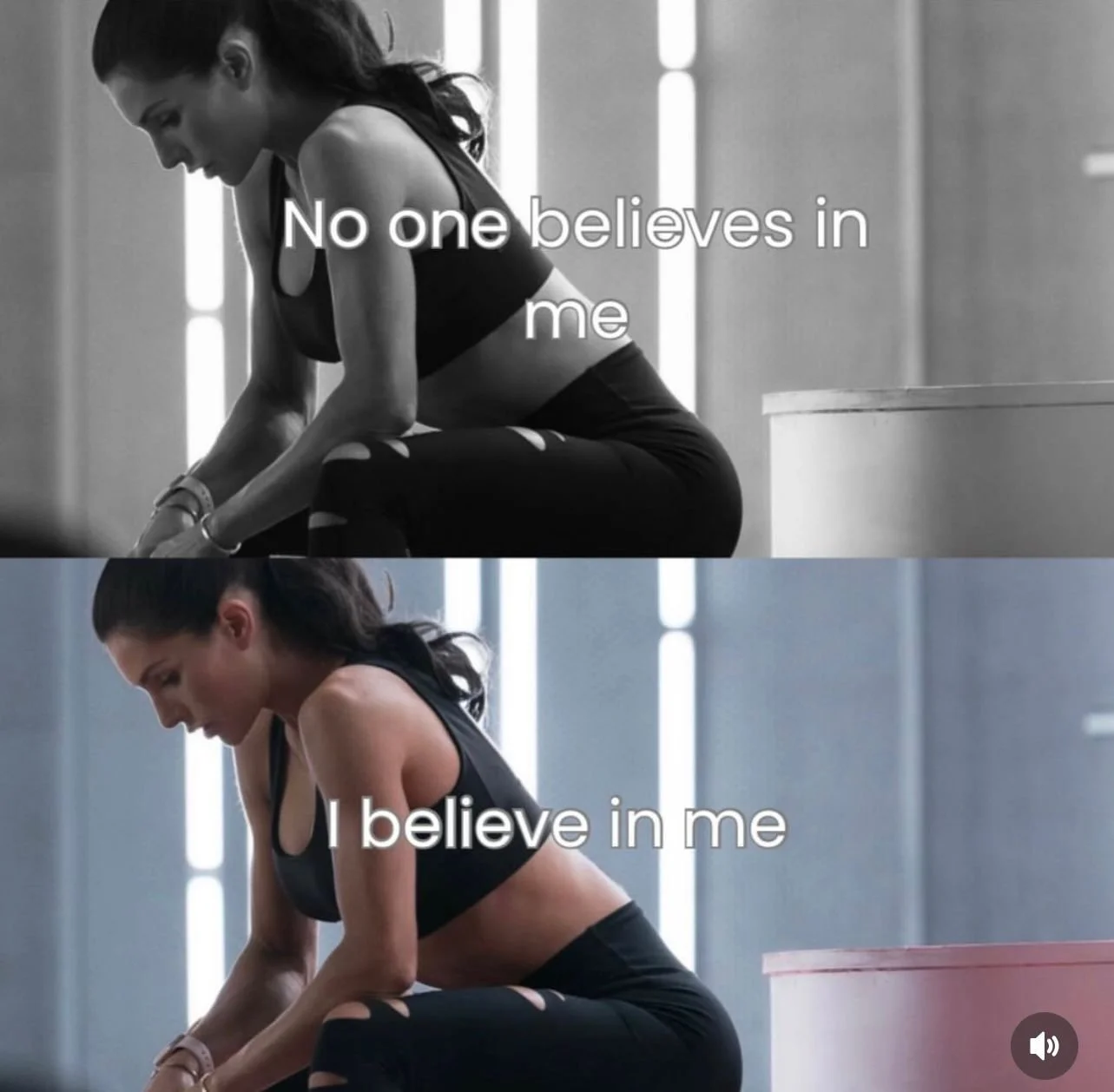 Žena sedí ve černobílé a barevné verzi s motivačními citáty „No one believes in me“ a „I believe in me“ – inspirace pro osobní růst a motivaci ve fitness a životním stylu.