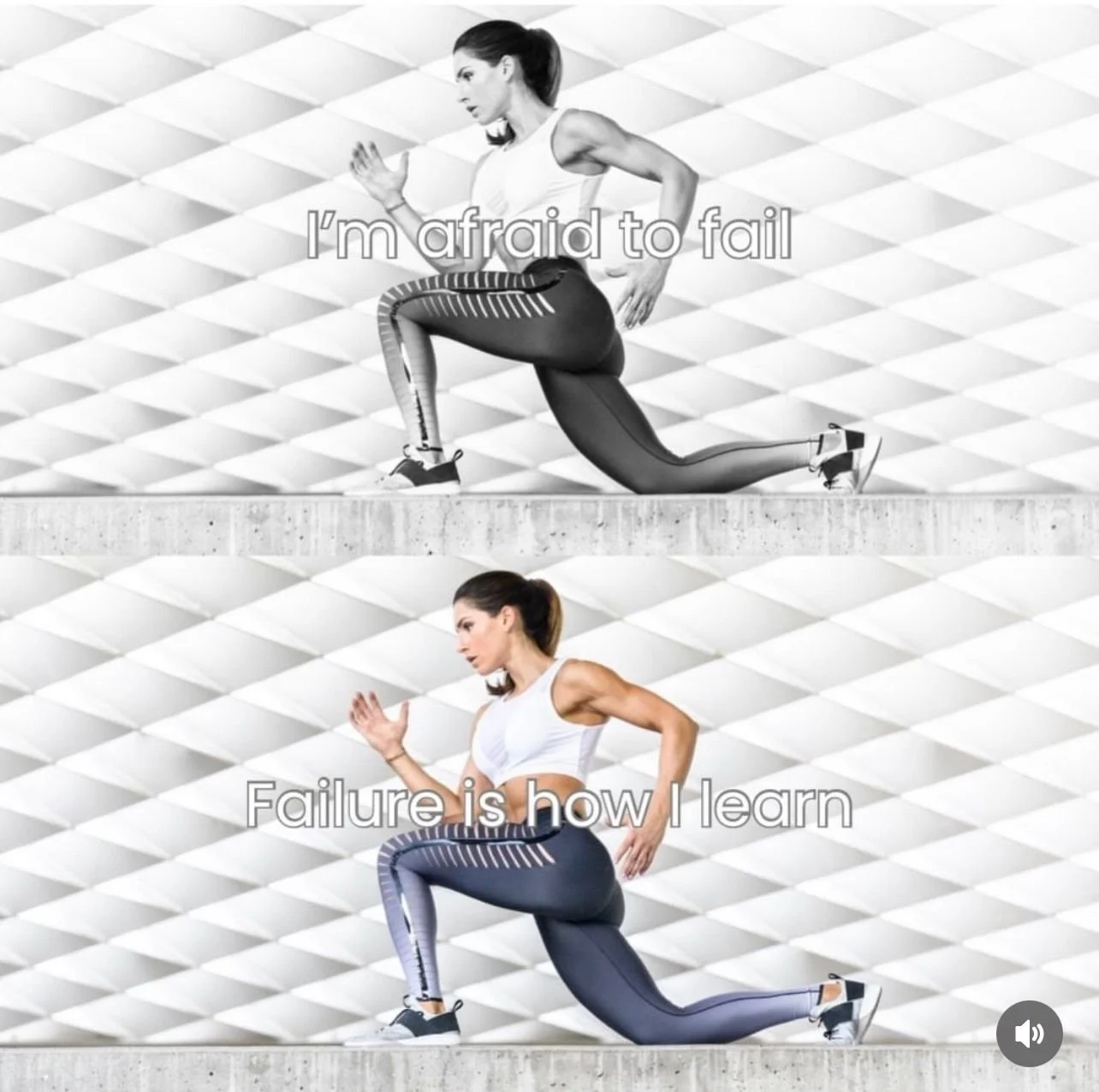 Žena ve sportovním oblečení při výpadech a cvičení, motivující citáty „I'm afraid to fail“ a „Failure is how I learn“ – inspirace pro fitness a osobní rozvoj v Praze 9.